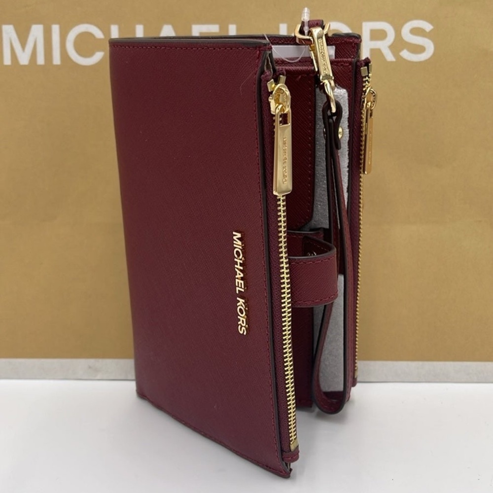 MICHAEL KORS LG DOUBLE ZIP WRISTLET DARK CHERRY MERLOT MULBERRY PHONE HOLDER NWT - Picture 16 of 16